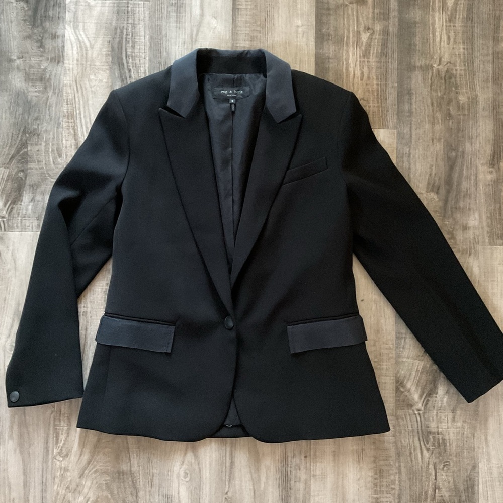 Black Blazer Tuxedo Jacket Slim Fit Ribbon Trim Detailing Sz 6 Rag & Bone Rylie